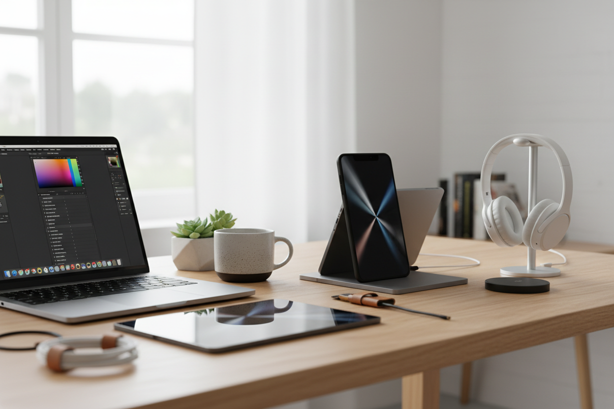 multiple electronic devices on table