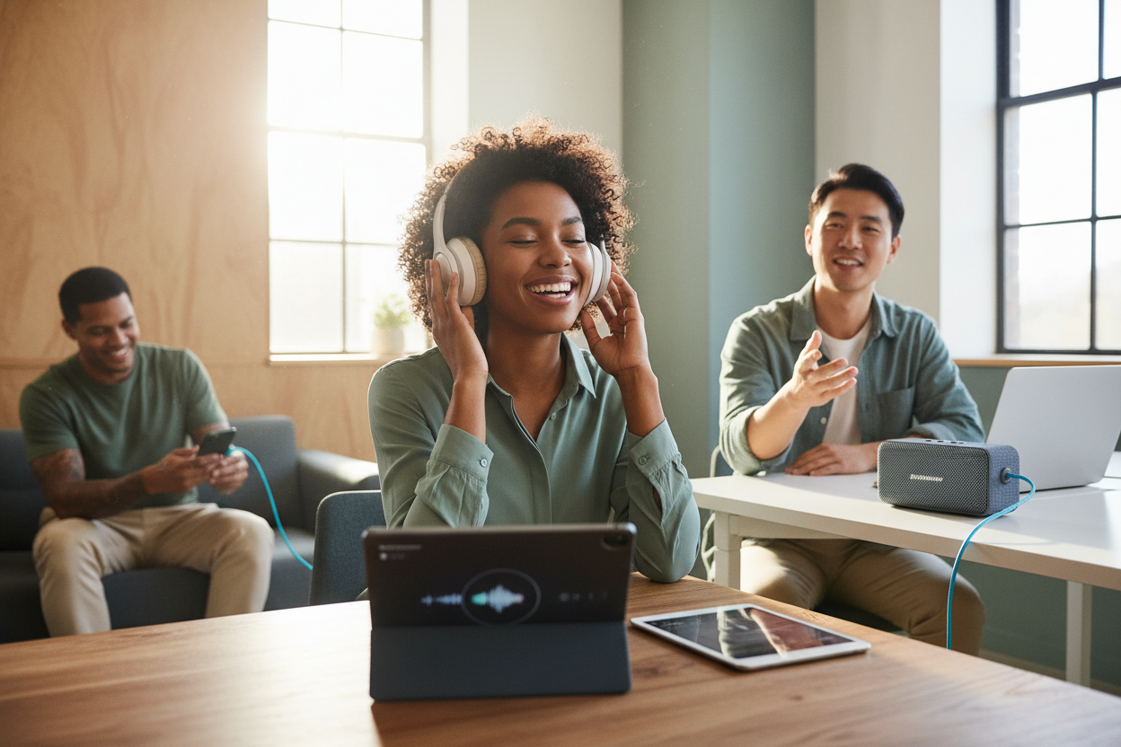 people using speaker, headphone, charger